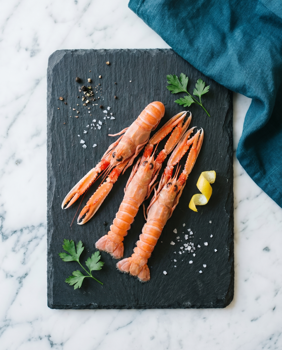 Rå sjøkreps (langoustine) på mørk skiferplate med sitron og persille