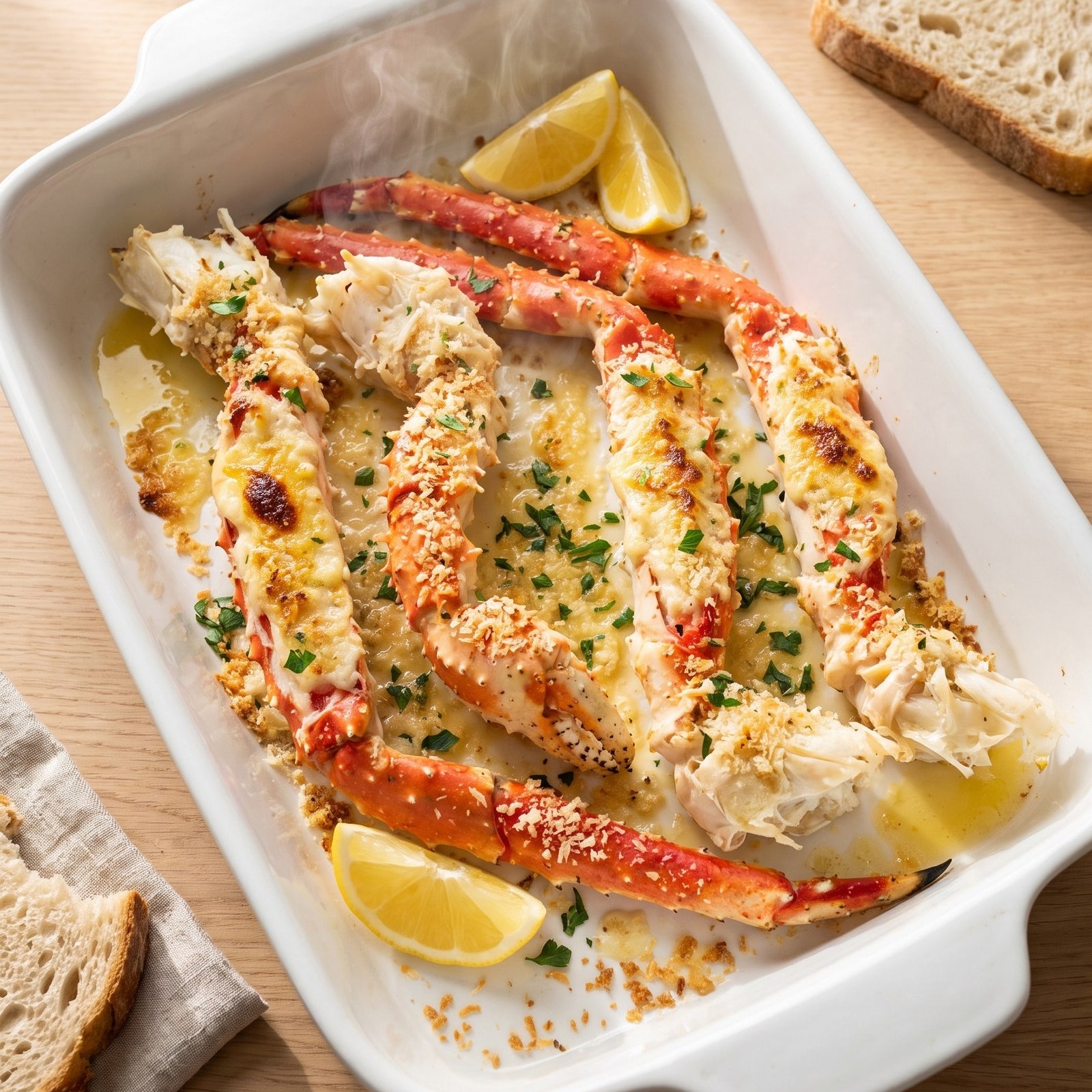 Gratinerte kongekrabbeklor med hvitloksmor og parmesan i hvit ildfast form
