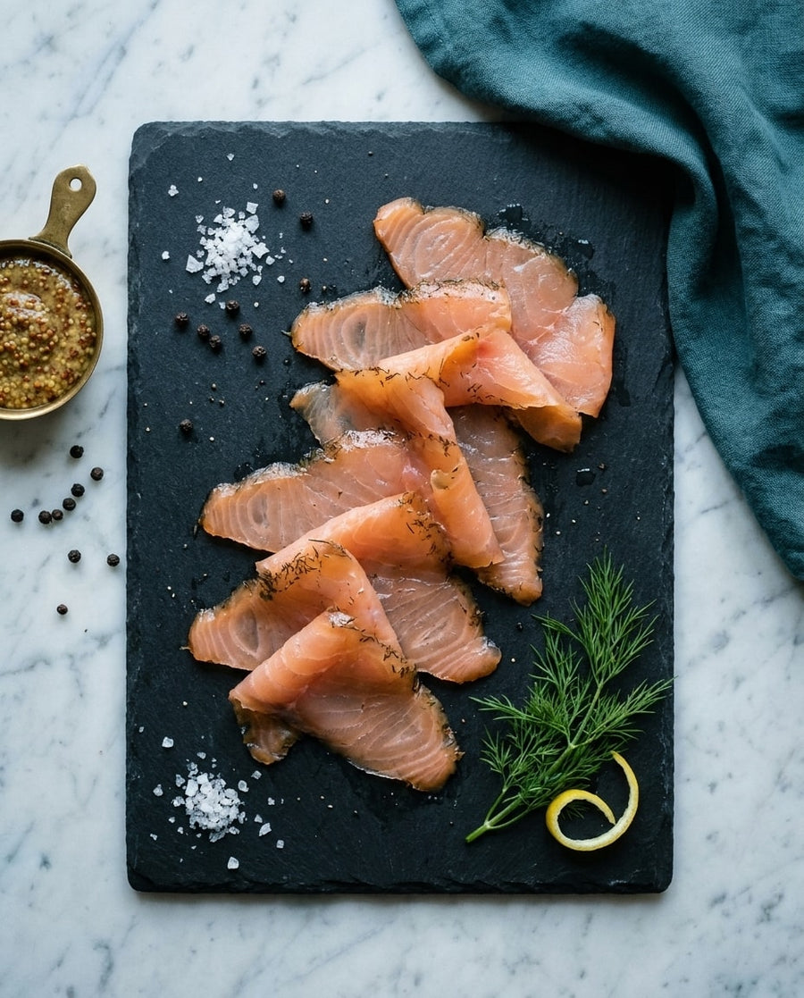 Gravet laks i skiver med dill paa skiferplate