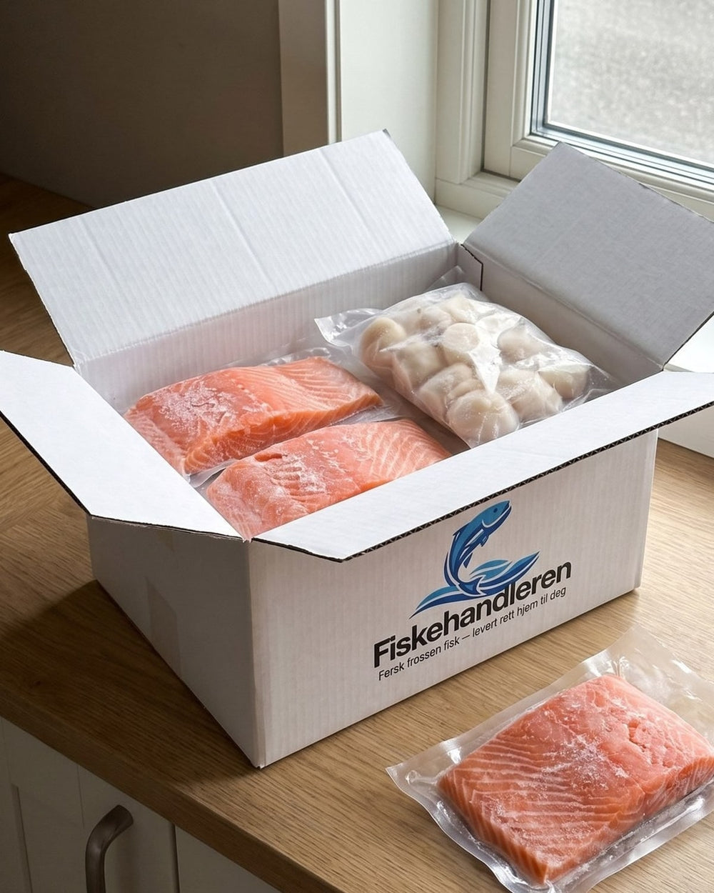 Åpen Fiskehandleren-eske med laks og kamskjell